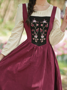 Wine Red Square Collar Cottagecore Long Sleeve Vintage 1950S Swing Dress With Scarf
