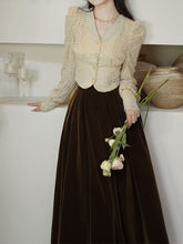 Load image into Gallery viewer, White Lace V Neck Top and Brown Velvet Swing Skirt Dress Set