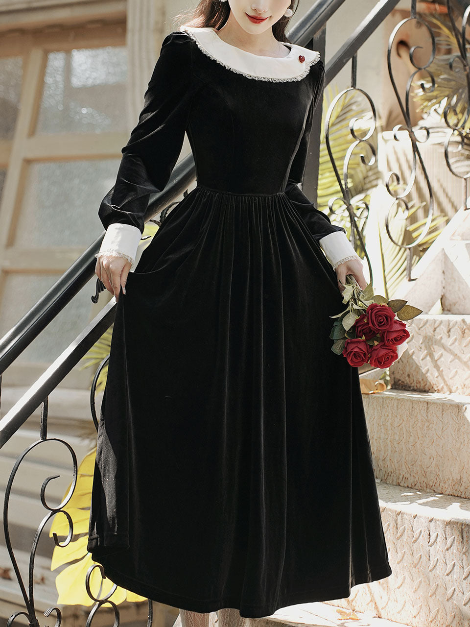 White Bertha Collar 1950S Black Velvet Hepburn Style Vintage Dress – Jolly Vintage