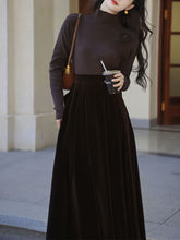 Load image into Gallery viewer, Brown Flower Turtleneck Sweater and Velvet Swing Skirt Dress Set