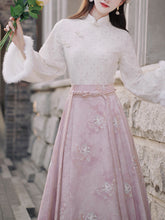 Load image into Gallery viewer, 2PS Pink Stand Collar Bell Sleeve Embroidered Top and Horse-face Skirt Vintage Suits