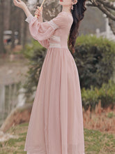 Load image into Gallery viewer, Pink Rose Girl Retro Lace V-neck Chiffon Long Lantern Sleeve Coquette Dress