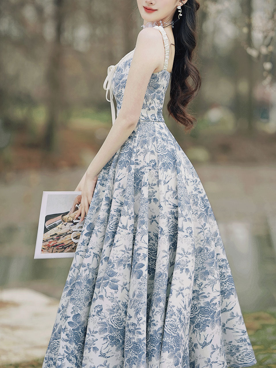 2PS Apricot Cardigan With Blue Porcelain Pattern Swing Dress, Blue / M 2PS Apricot Cardigan With Blue Porcelain Pattern Swing Dress, Blue / M