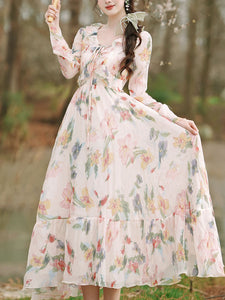 1950S White Ruffles V Neck Floral Print Swing Dress For Women
