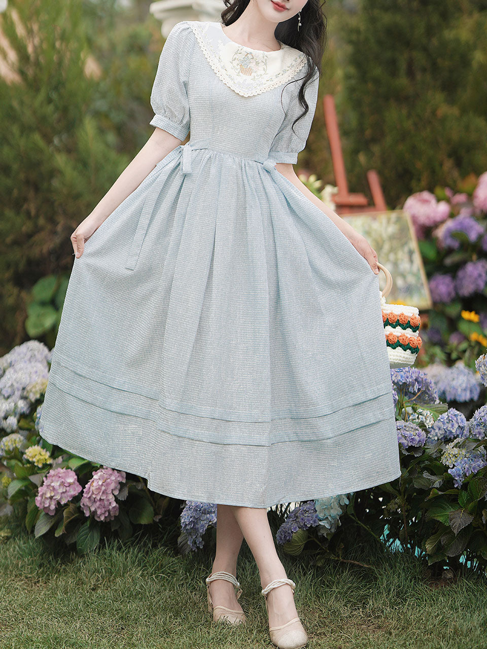 Baby Blue Embroidered Collar Vintage Cottagecore Cotton Dress – Jolly Vintage