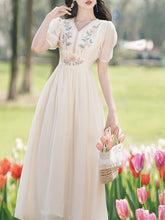 Load image into Gallery viewer, White V Neck Short Embroidered Puff Sleeve 1950S Vintage Dress