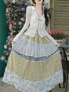 1950S Vintage White Lace Top and Flowers Print Swing Skirt Vintage Cottagecore Outfits