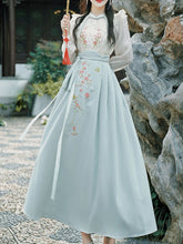 Load image into Gallery viewer, 2PS Blue Stand Collar Embroidered Top and White Horse-face Skirt Vintage Suits