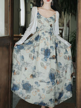 Load image into Gallery viewer, 2PS Blue Floral Print Spaghetti Strap 1950S Vintage Dress With Long Sleeve Cardigan
