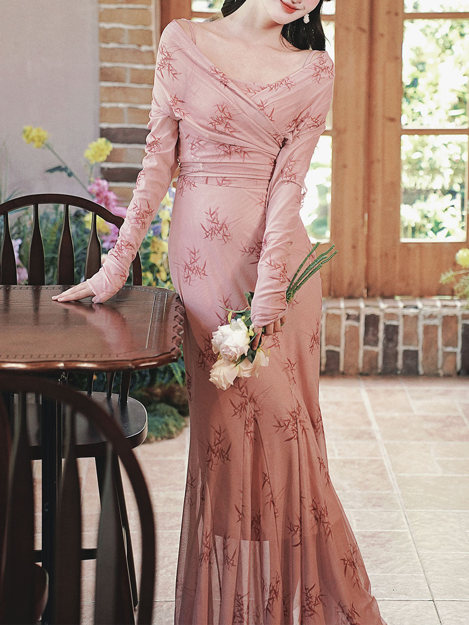 vintage printed v-neck long-sleeve elegant dress Female Casual V-Neck Long Sleeve Maxi Dress Fashion Vintage Pattern P Sheingraceful