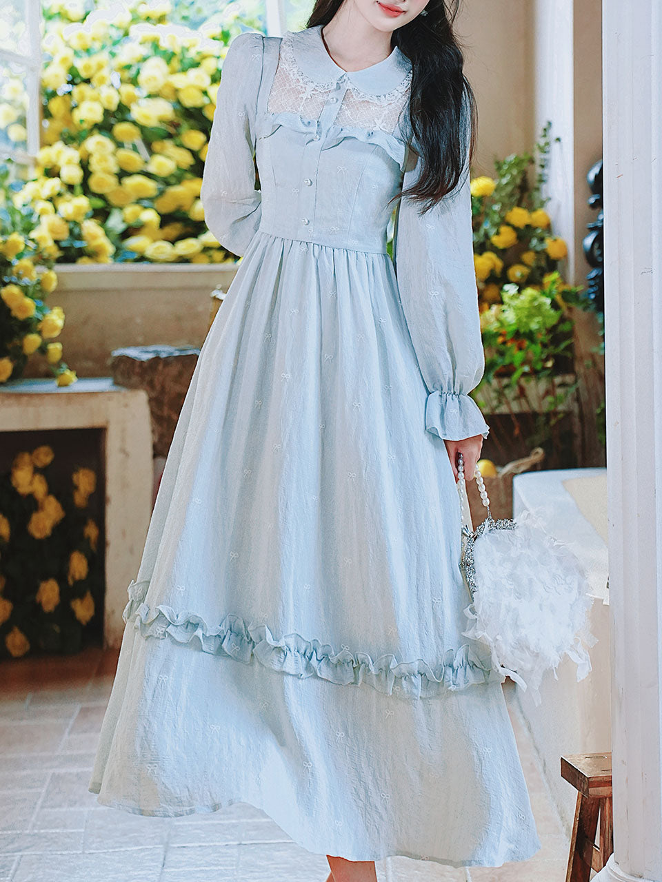 Vintage-Inspired Cottagecore Pastel Blue Dress, Pastel Blue / L