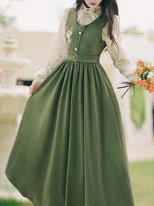 2PS Embroidered Stand Collar Vintage Fall Shirt Set Dress