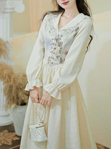 White V Neck Printed Long Sleeve Corset Vintage Dress