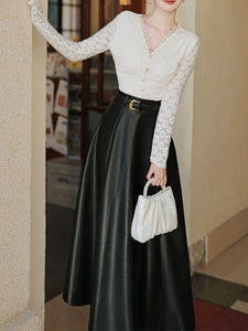 2 Piece Cardigan Top With PU Swing Skirt 1950s Vintage Outfits