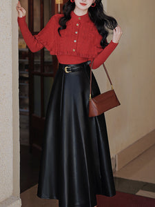 3 Piece Cardigan Top With PU Swing Skirt 1950s Vintage Outfits