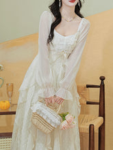 Load image into Gallery viewer, Vintage White Square Neck Butterfly Sequins  Lace Ruffle Long Sleeve Dress