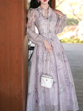 Load image into Gallery viewer, Purple Stand Collar Puff Long Sleeve Vintage Dress