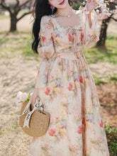 Load image into Gallery viewer, Pink Square Collar Floral Lace Ruffles Edwardian Revival Vintage Dress