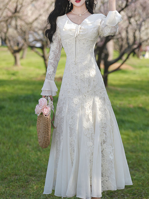 White V Neck Lace Flowers Long Sleeve Fishtail Wedding Vintage Dress