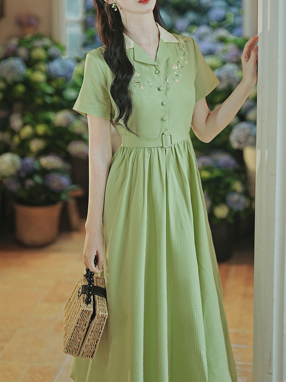 Green Plaid Short Sleeve 1950S Vintage Shirt Dress, Green / XS