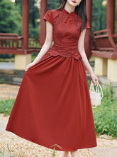 Load image into Gallery viewer, Red Cheongsam Cap Sleeve Lace Vintage Dress