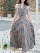 Load image into Gallery viewer, Grey V Neck Plaid Vintage Dress