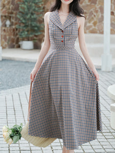Grey V Neck Plaid Vintage Dress