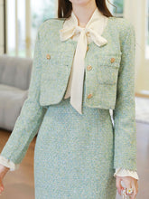 Load image into Gallery viewer, Vintage 1940s Mint Green Tweed Skirt Suit Set Bow Collar &amp; Matching Jacket