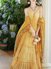 Load image into Gallery viewer, 2PS Yellow Bohemian Maxi Dress Set with Detachable Cardigan