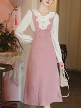 Load image into Gallery viewer, Pink Tweed Fake Two-Piece Dress with Ruffle Collar Vintage Dress