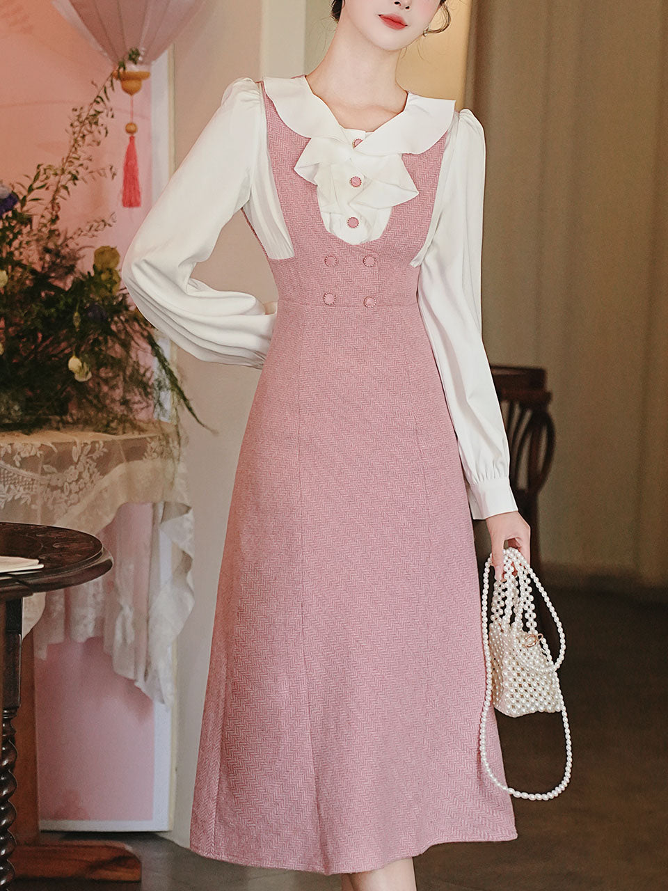 Pink Tweed Fake Two-Piece Dress with Ruffle Collar Vintage Dress