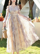 Load image into Gallery viewer, Vintage 1970s Floral Print Lavender Chiffon Ruffled Off-Shoulder Long Sleeve Maxi Dress