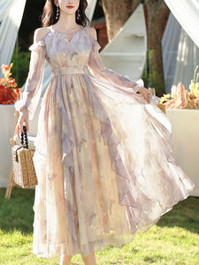 Vintage 1970s Floral Print Lavender Chiffon Ruffled Off-Shoulder Long Sleeve Maxi Dress