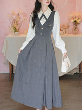 Load image into Gallery viewer, Grey Classic Shirt with Bow Tie and Gray V-Neck Rose Flower Jumper Fake Two-Piece Dress