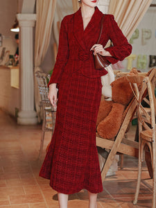 Warm Christmas Red Tweed Blazer and Skirt Set