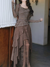 Load image into Gallery viewer, 1950S Vintage Brown Rose Top and Irregular lace Swing Skirt Set