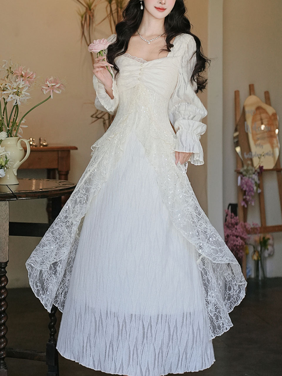 White Lace Ruffle Long Sleeve Sequined Vintage Dress, White / M White Lace Ruffle Long Sleeve Sequined Vintage Dress, White / M