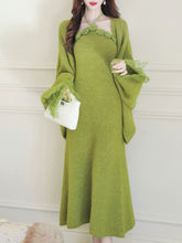 Load image into Gallery viewer, Vintage 1950s Green Knit Handmade Rose Collar Halter Dress Set Matching Shawl