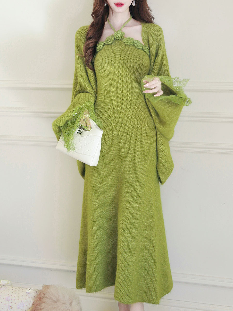 Vintage 1950s Green Knit Handmade Rose Collar Halter Dress Set Matching Shawl, Green / S Vintage 1950s Green Knit Handmade Rose Collar Halter Dress Set Matching Shawl, Green / S