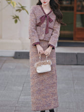 Load image into Gallery viewer, 2PS Purple Bow Tweed Warm Coat With Skirt 1950S Vintage Set