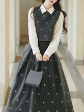 Load image into Gallery viewer, 3PS Preppy Set White Button-Down Shirt with Grey Woollen Sleeveless Vest and Swing Skirt