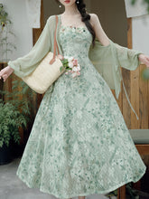 Load image into Gallery viewer, 2PS Green Floral Print Lace Dress with Matching Cardigan