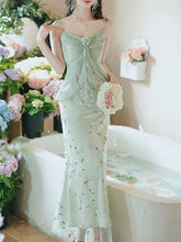 Load image into Gallery viewer, 2PS Green Floral Printed Spaghetti Strap Vintage Dress With Cardigan Suit