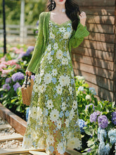 Load image into Gallery viewer, 2PS Green Floral Lace Dress with Green Knit Mesh Cardigan