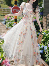 Load image into Gallery viewer, Printed Tulle Puff Sleeve Ruffled Hem Princess Party Dress for Girls Women