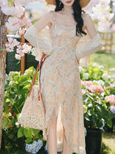 Load image into Gallery viewer, 2PS Apricot Floral Printed Spaghetti Strap High-low Ruffled Hem Vintage Dress With Cardigan Suit