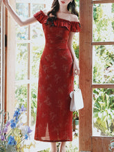 Load image into Gallery viewer, Red Butterfly Print Off Shoulder Bodycon Dress