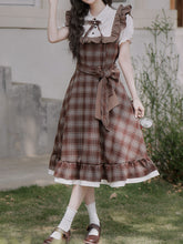 Load image into Gallery viewer, Brown Plaid Fake Two-Piece Short Sleeve Vintage Dress