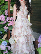 Load image into Gallery viewer, Pink Floral Print Halter Neck Backless Vintage Dress
