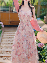 Load image into Gallery viewer, 2PS Pink Ruffles Floral Printed Spaghetti Strap Vintage Dress With Cardigan Suit